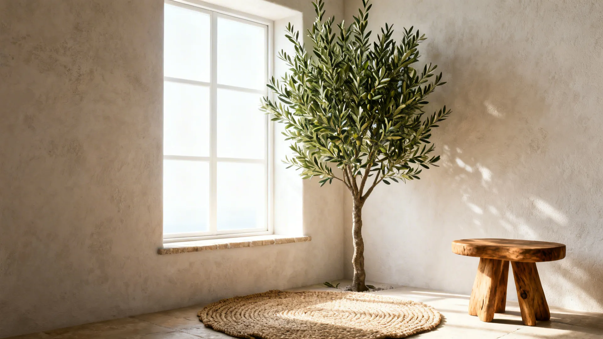 Minimalist room with large window olive tree round rug and small wooden table in sunlight