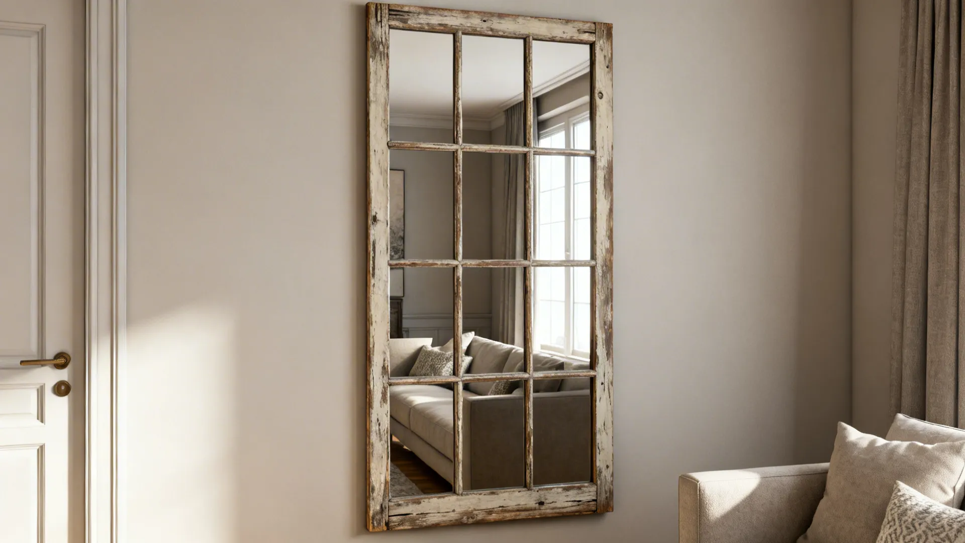 Reclaimed window-frame mirror reflecting light in a narrow farmhouse living room