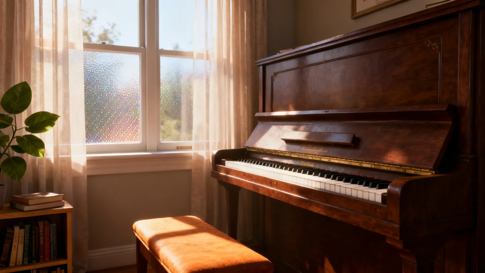 Cozy piano nook by a window with sheer curtains, bookshelf and a plant in soft daylight.