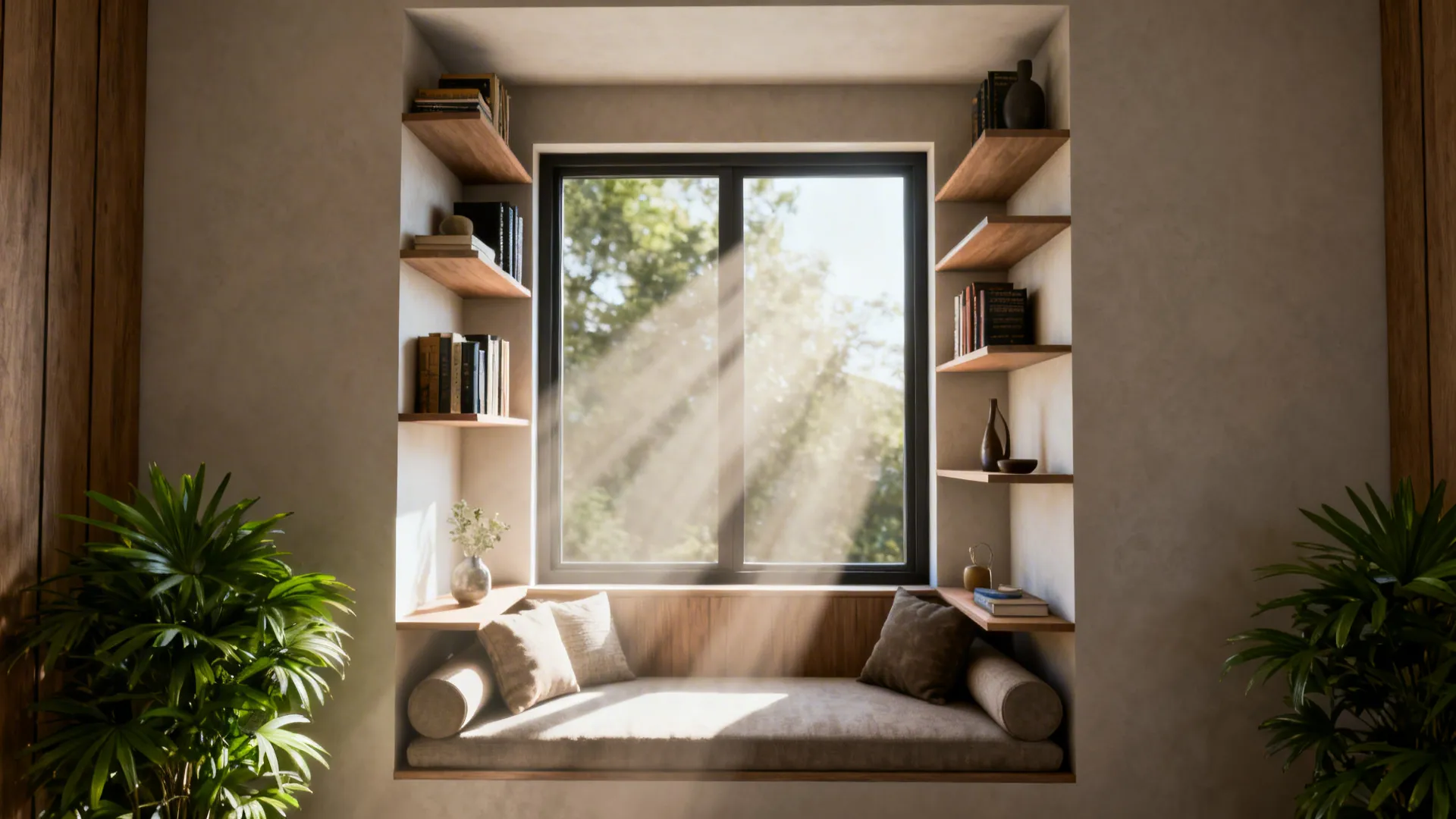 Window alcove with alternating-depth floating niche shelves and sunlight filtered through the window.