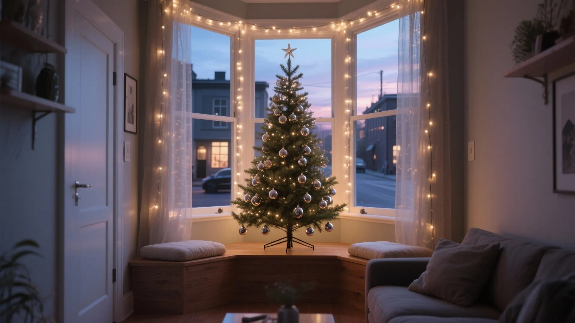 Christmas tree with lights in a bay window nook with cushions next to grey sofa