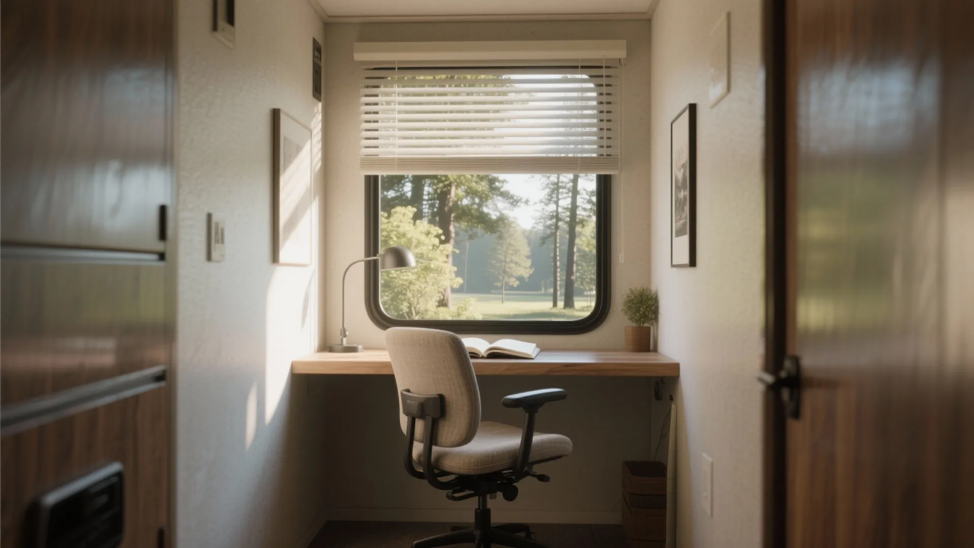 Small home office nook with wooden desk and grey chair facing a large window view