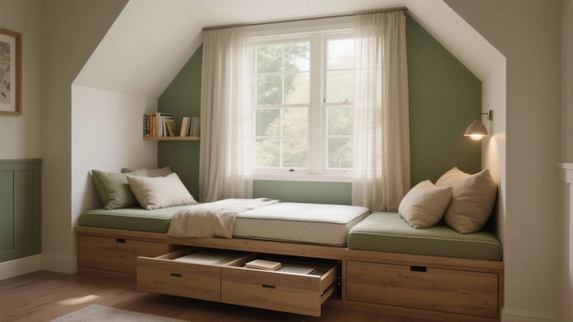 Green wall bedroom nook featuring a wooden window seat bed with pull out storage drawers