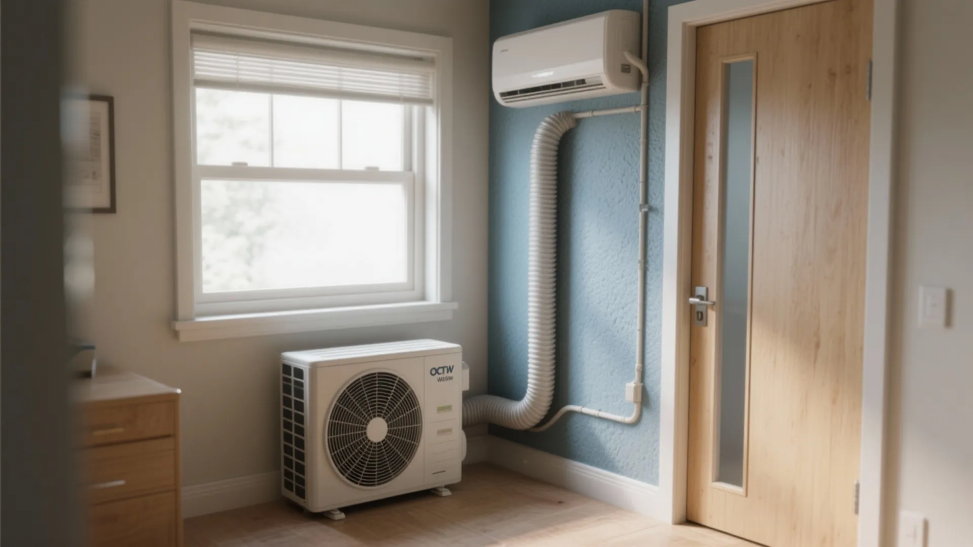 Indoor air conditioner unit on blue wall with outdoor compressor unit on light wood floor