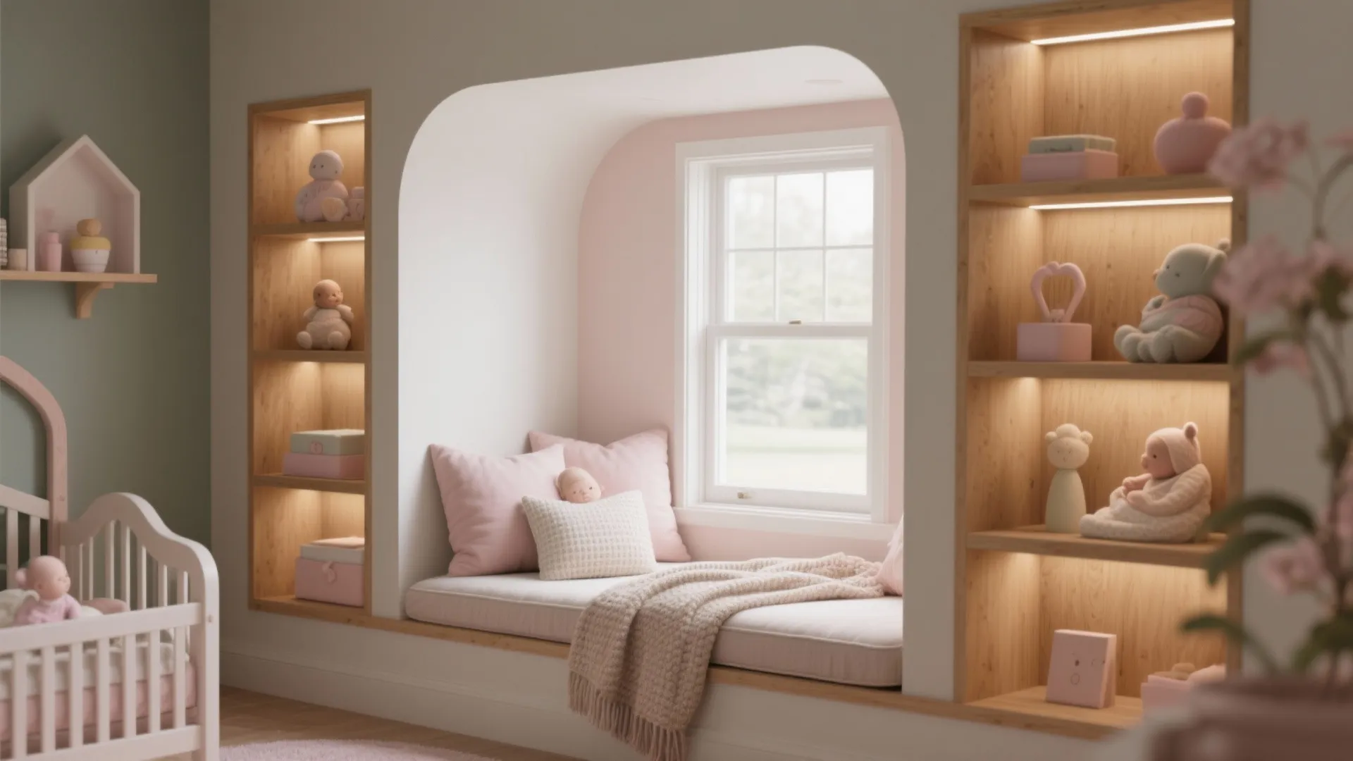 Built-in nook with a cushioned window seat