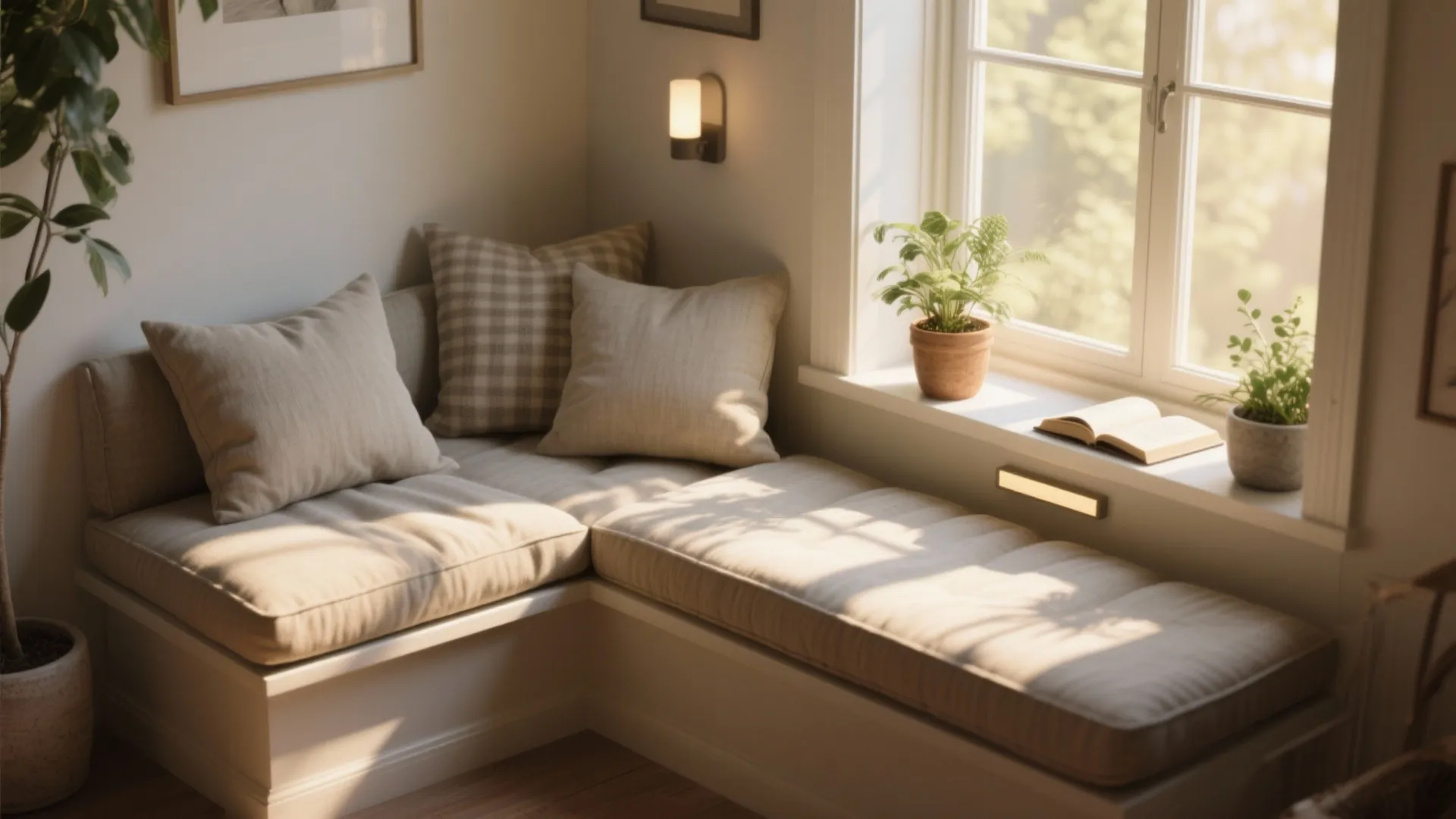 Cozy window seat nook with beige cushions pillows small green plants and an open book
