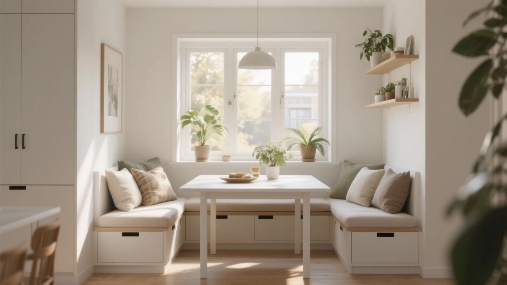 Bright dining area with white table seating benches green plants and window in natural light