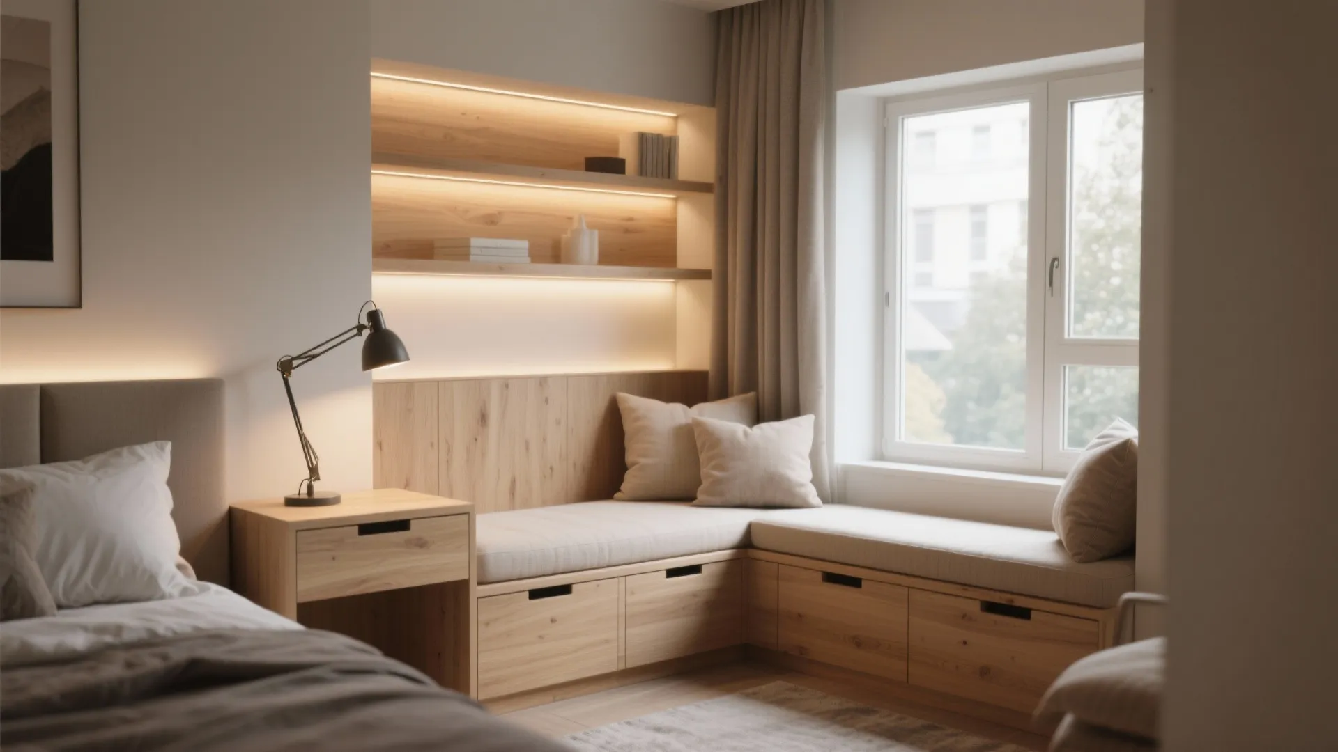 5. Multi-function window nook with layered lighting