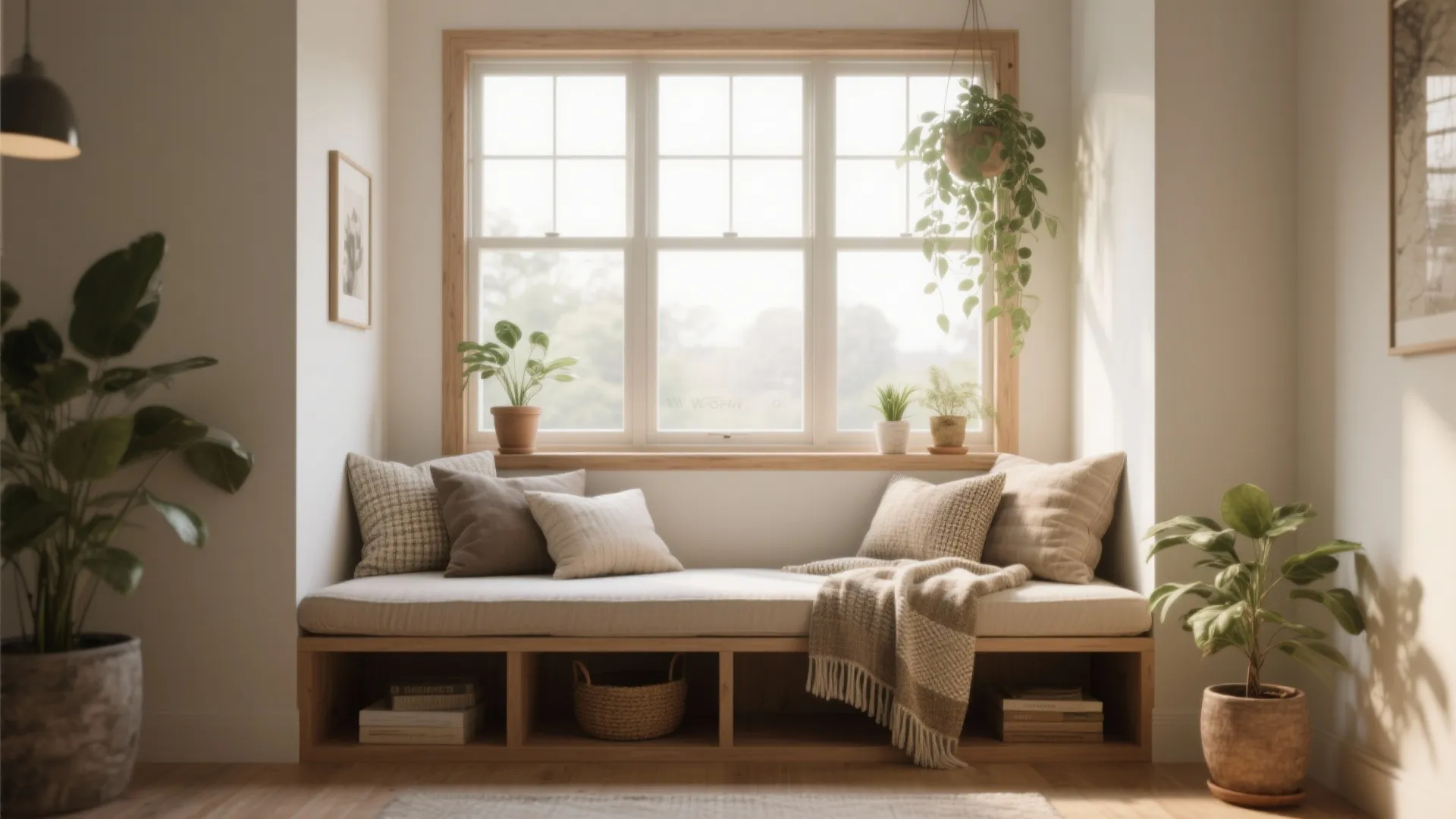 Cozy window seating area with wooden bench, pillows, green plants, books, and bright natural sunlight