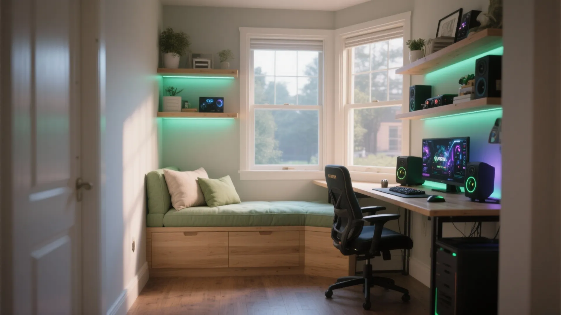 Small home office with green window seat wooden desk neon wall lights and computer setup
