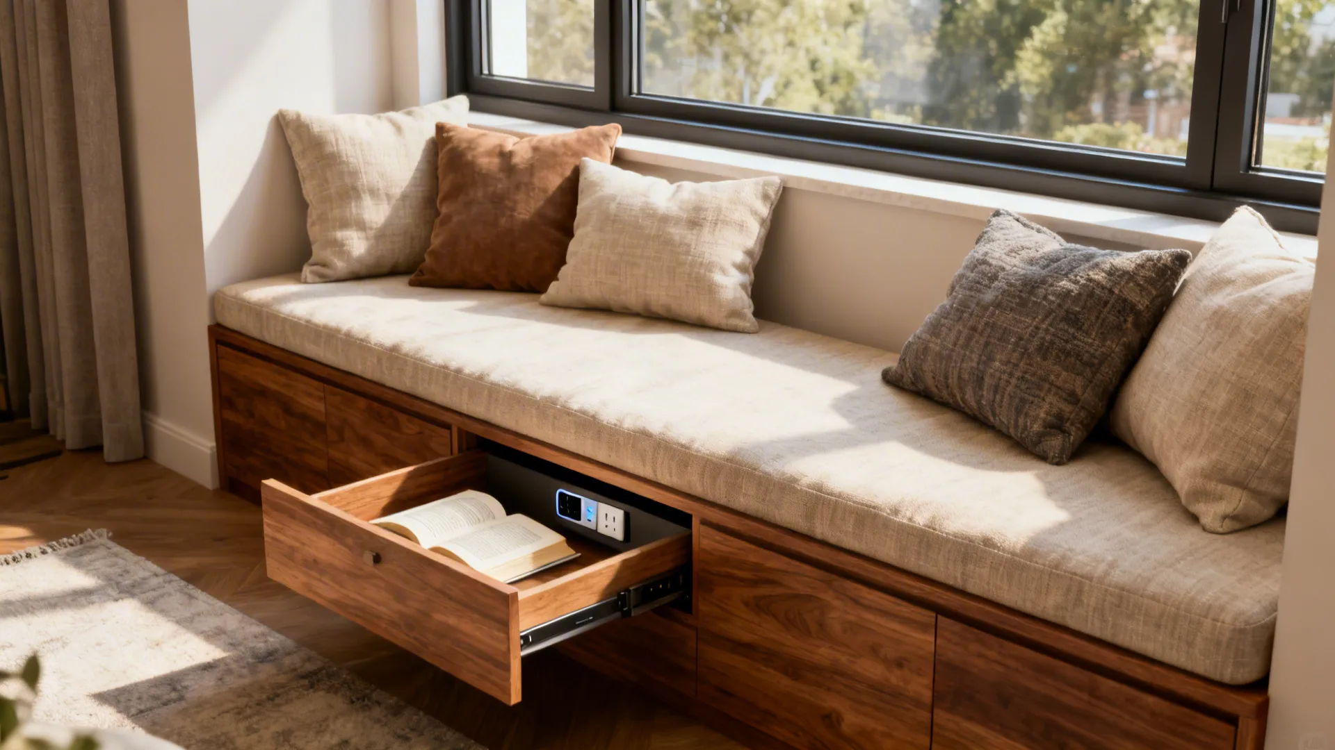 Built-in window bench with cushions, hidden storage and a cozy reading setup under a large window.