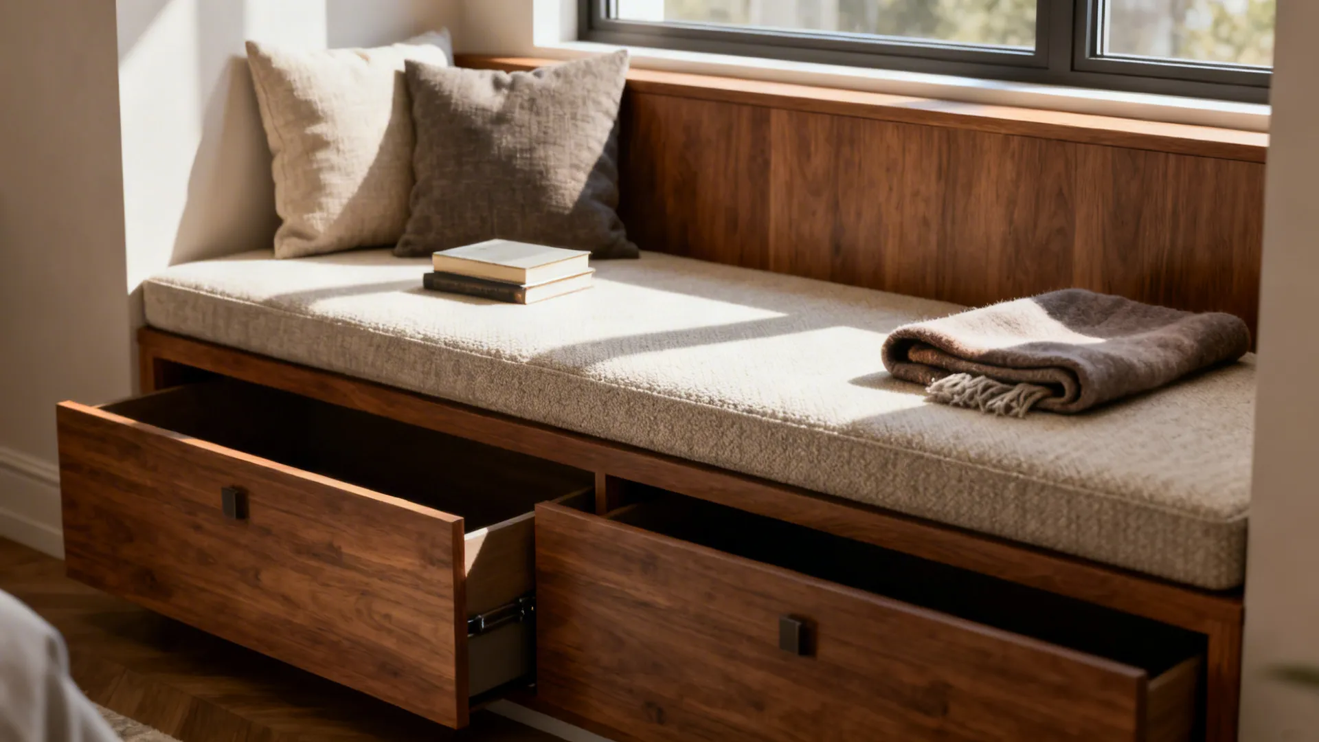 Built-in window bench with cushions and hidden storage under soft daylight.