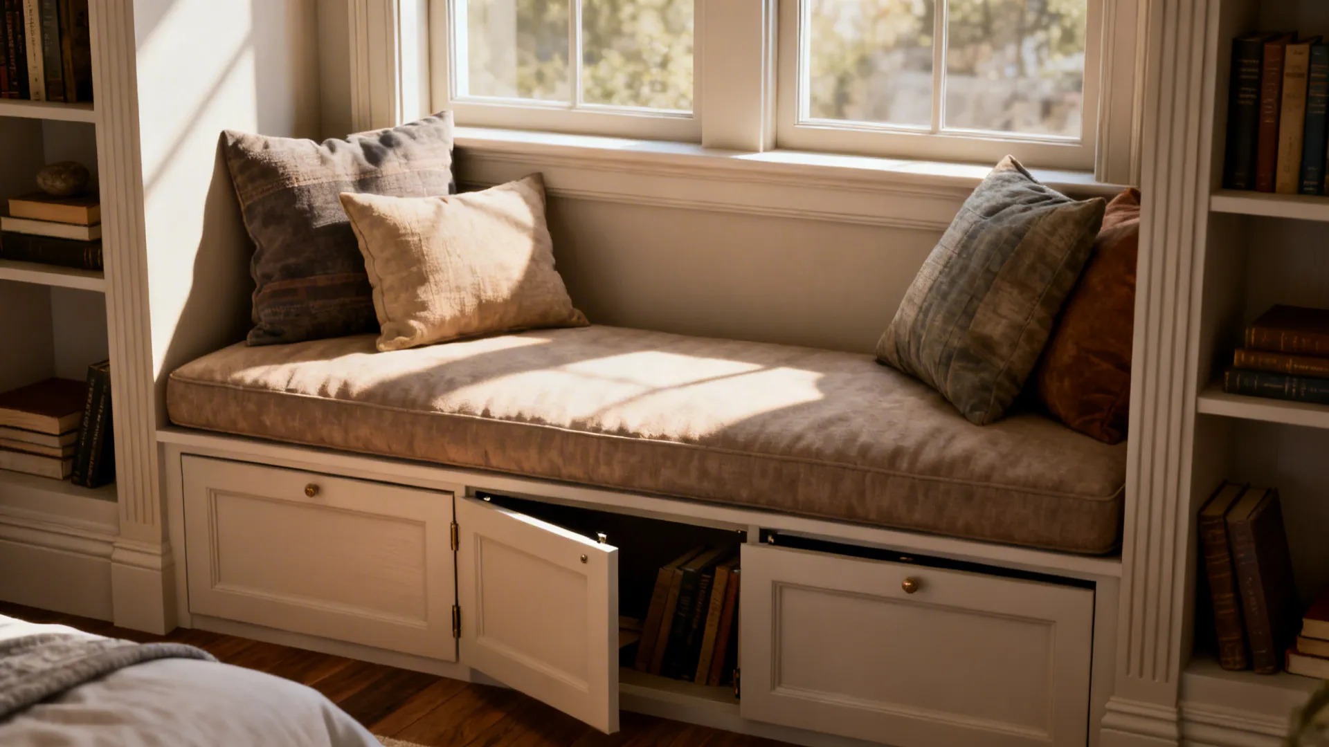 Window nook bench with hinged storage, slim shelves and cushions in a master bedroom.