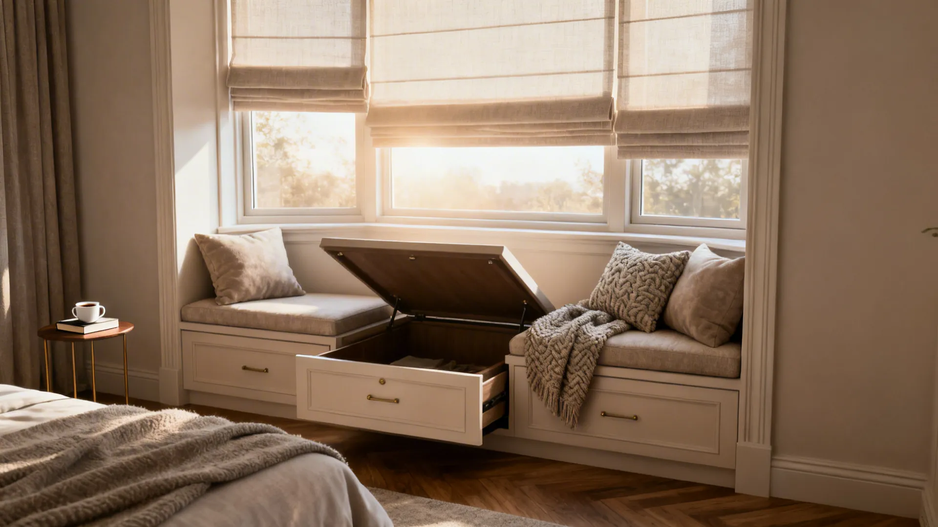 Built-in window bench with cushions and storage under soft daylight in a master bedroom.