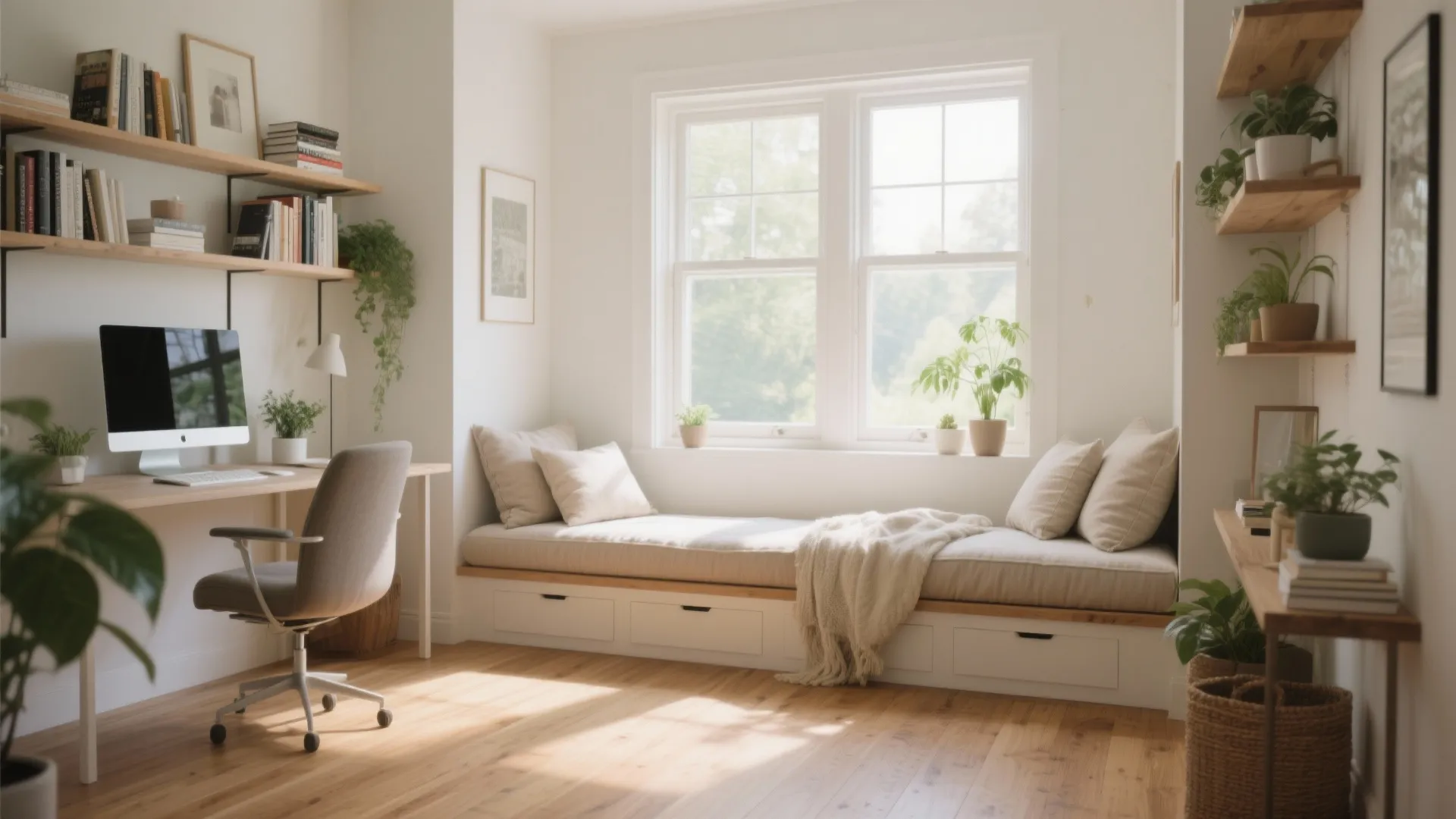 Daybed under a bright window in a cozy home office