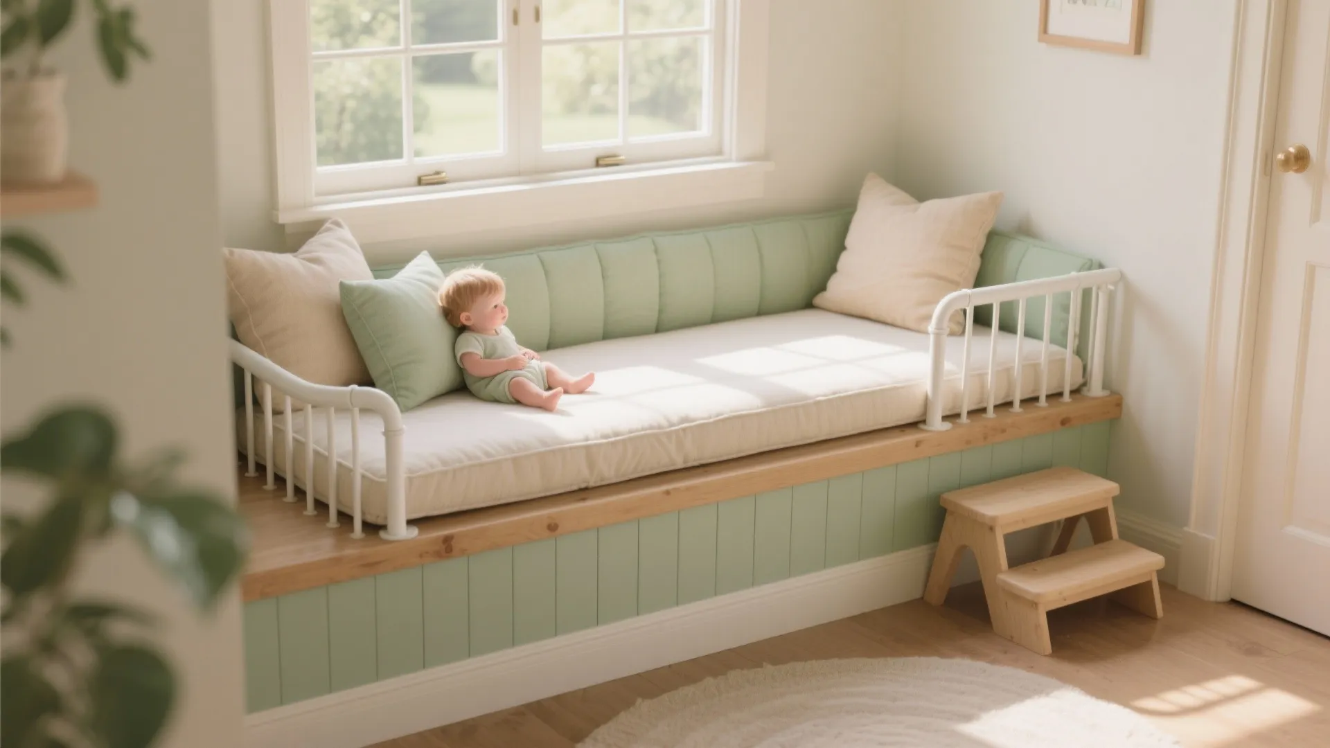 Sunny window nook converted into a cushioned daybed with removable safety rails and a small step.