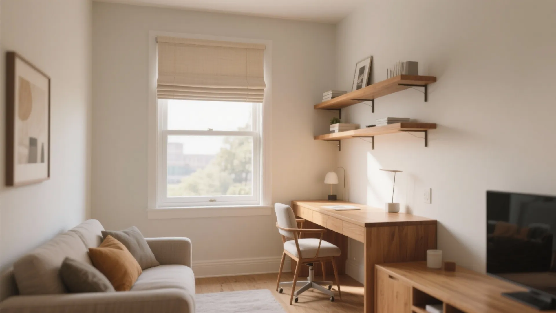 Modern home office with wooden desk, white chair, wall shelves, grey sofa, and natural light