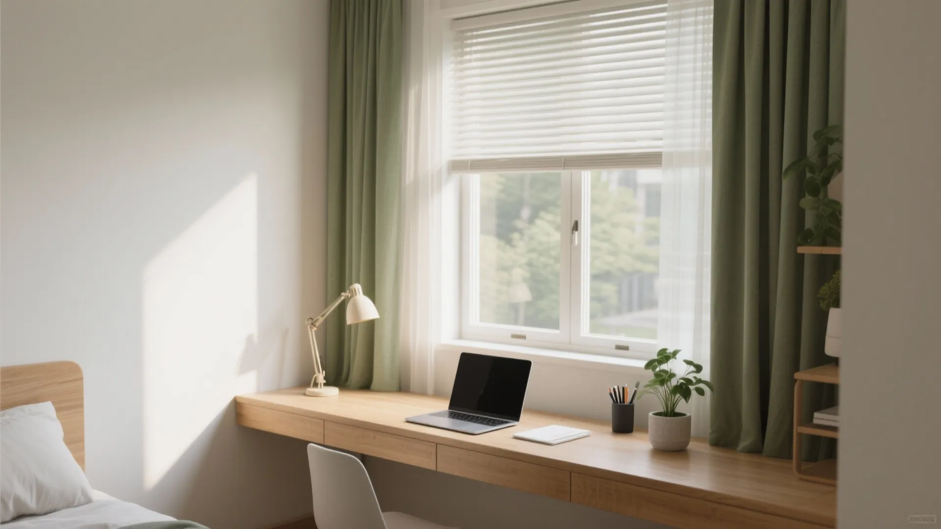 A slim desk placed beneath a bright window with sheer curtains, light wood surface and a small task lamp.