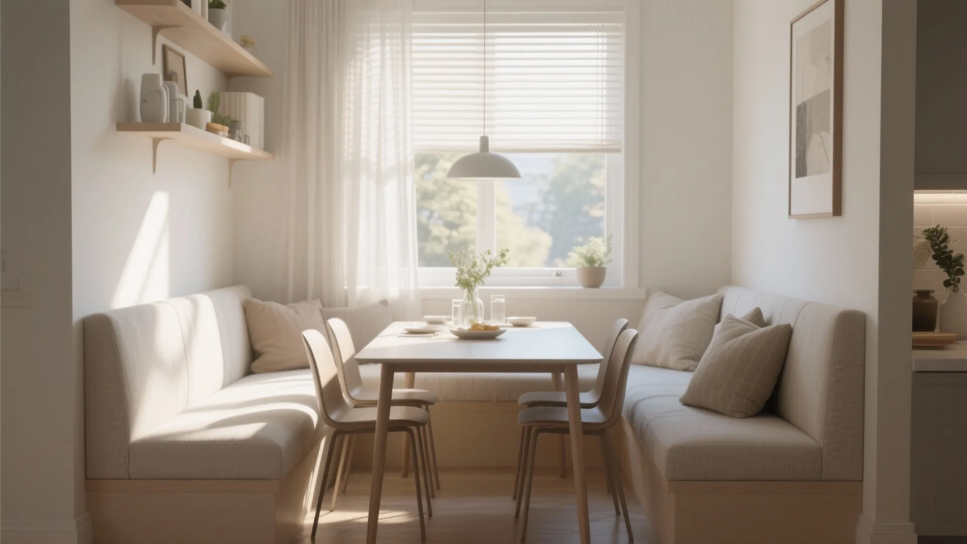 Bright dining area with wooden table, seating bench, wall shelves, and large window with blinds