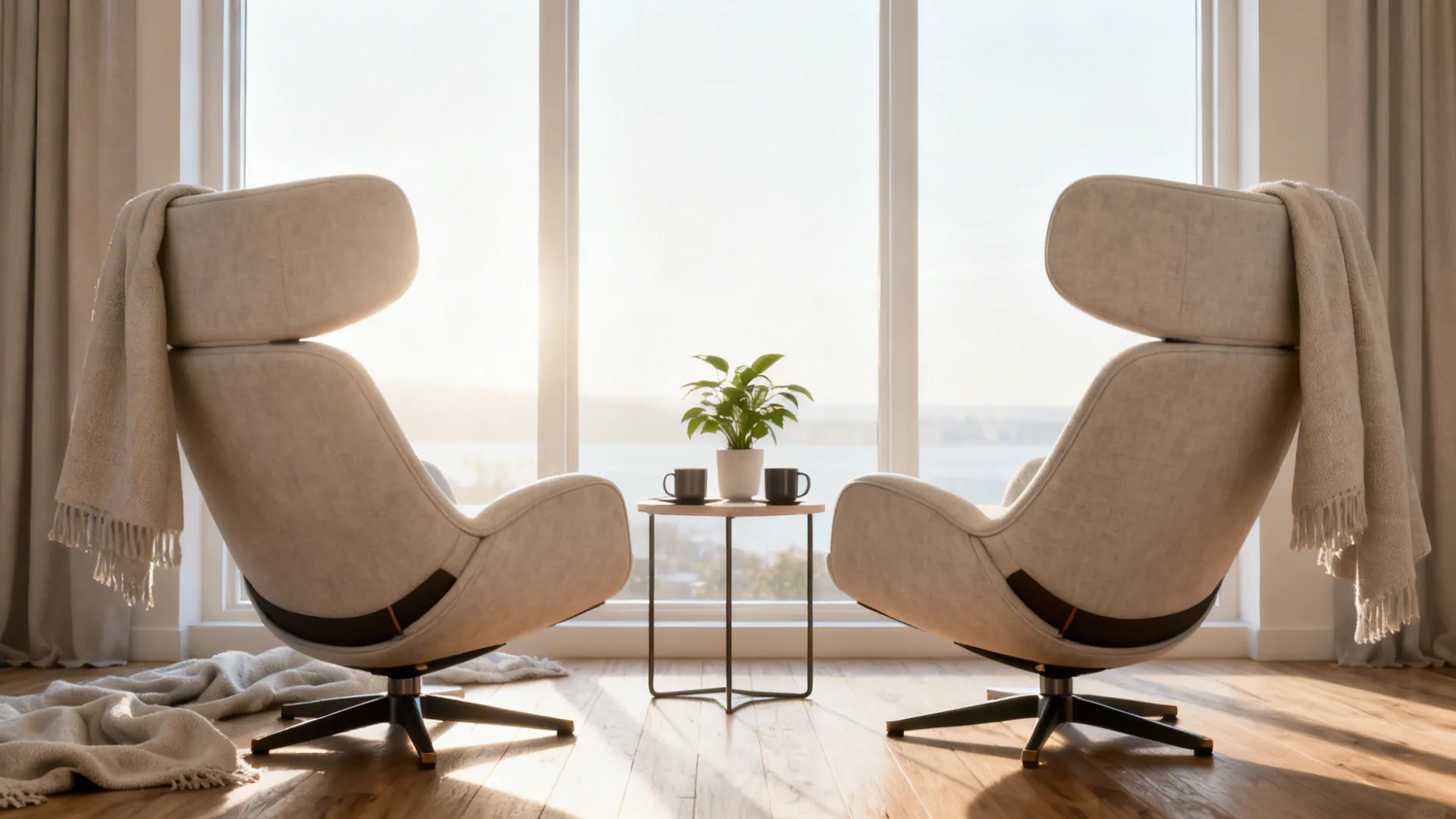 Two swivel chairs side-by-side facing a bright window, forming a light-filled morning nook.