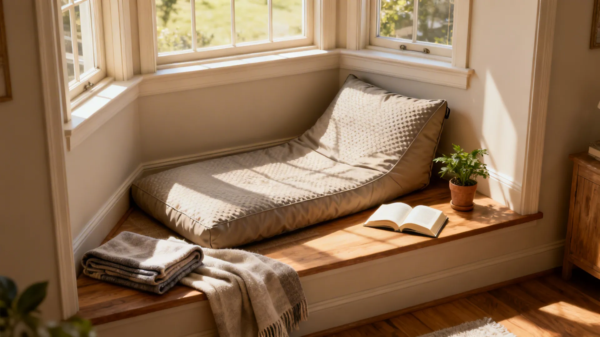 Sunlit window nook with a lounger-style bean bag, throw blanket and plant for a cozy reading retreat.