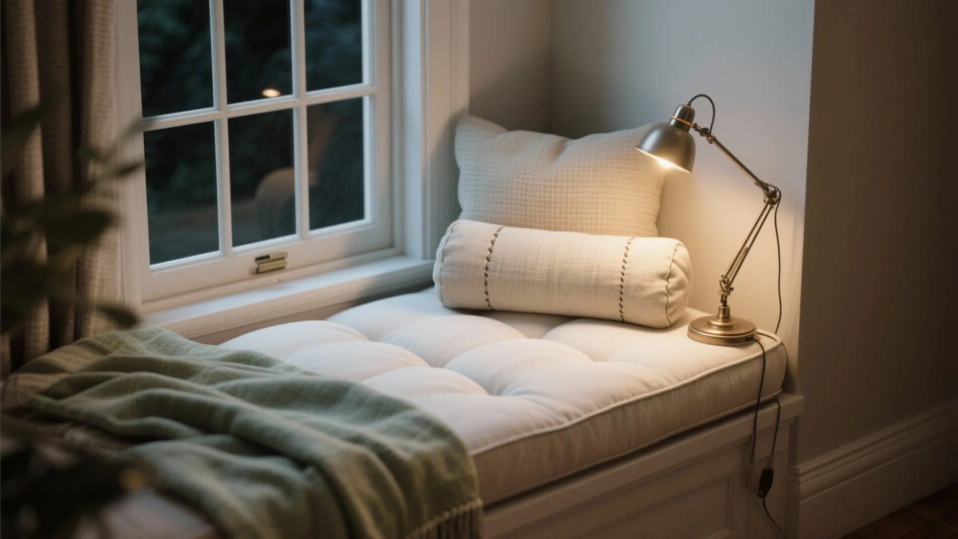 Window-floor nook with back bolsters and layered lighting