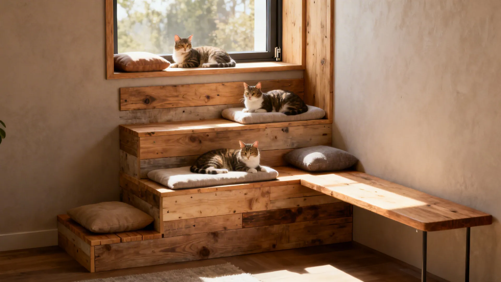 Sunlit window nook with staggered platforms and cushions for cats to perch and watch outside.