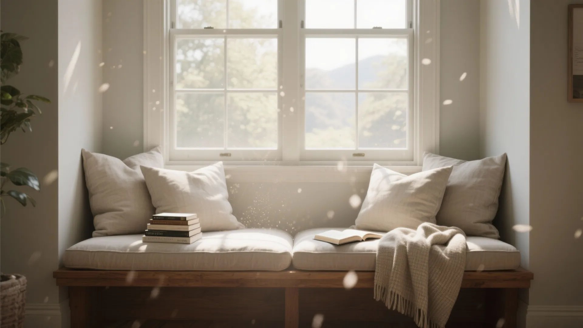 Cozy window seat with white pillows books and a warm blanket under bright natural light