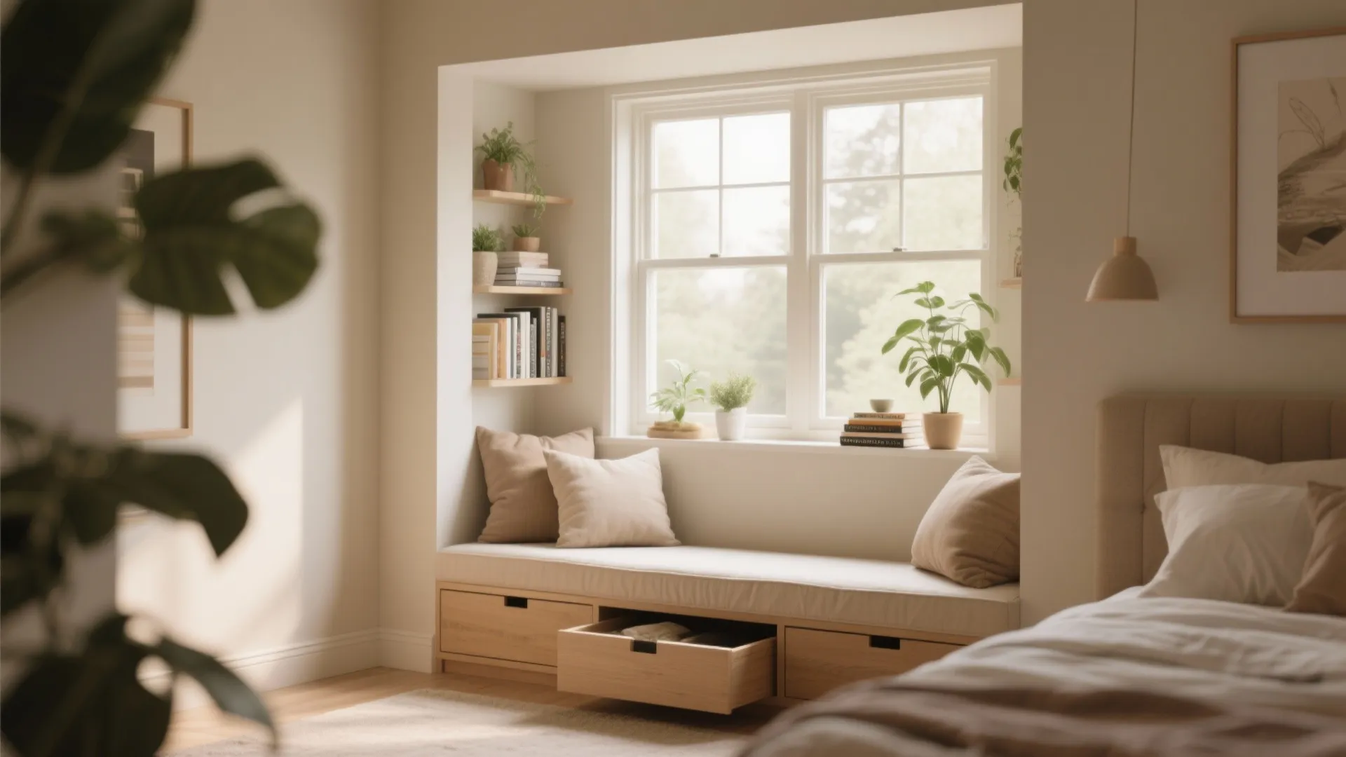 Cosy window seat with wooden storage drawers, soft cushions, potted plants, and natural morning light