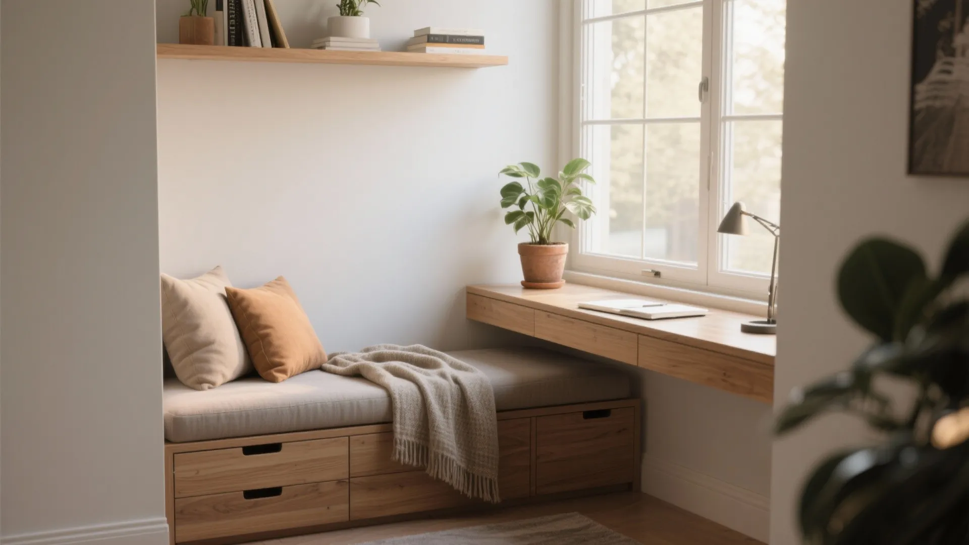 Modern window nook with wood storage bench soft cushions green plant and a wall light