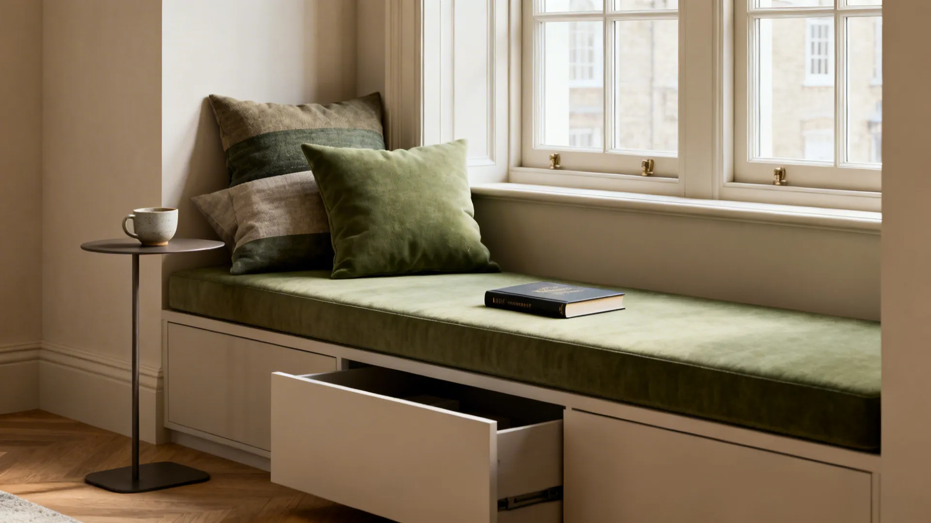 Window nook with a deep bench, layered cushions and a slim side table bathed in soft daylight.