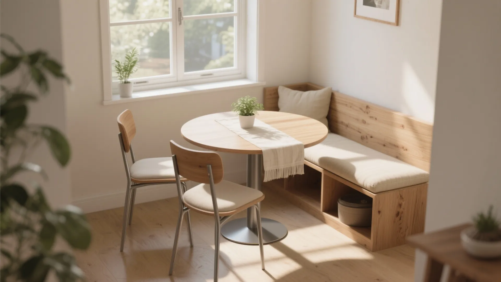 Small dining set tucked into a window nook with chairs slid under and a slim storage bench.
