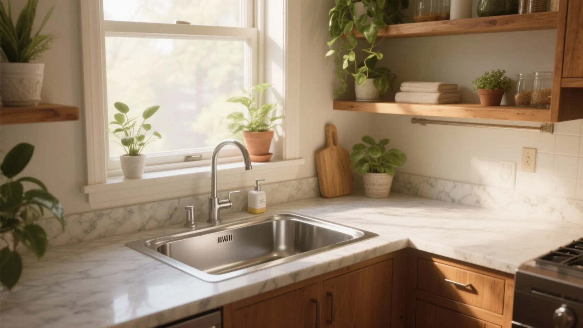 3. L-Shaped Sink with Window Nook — Make chores pleasant