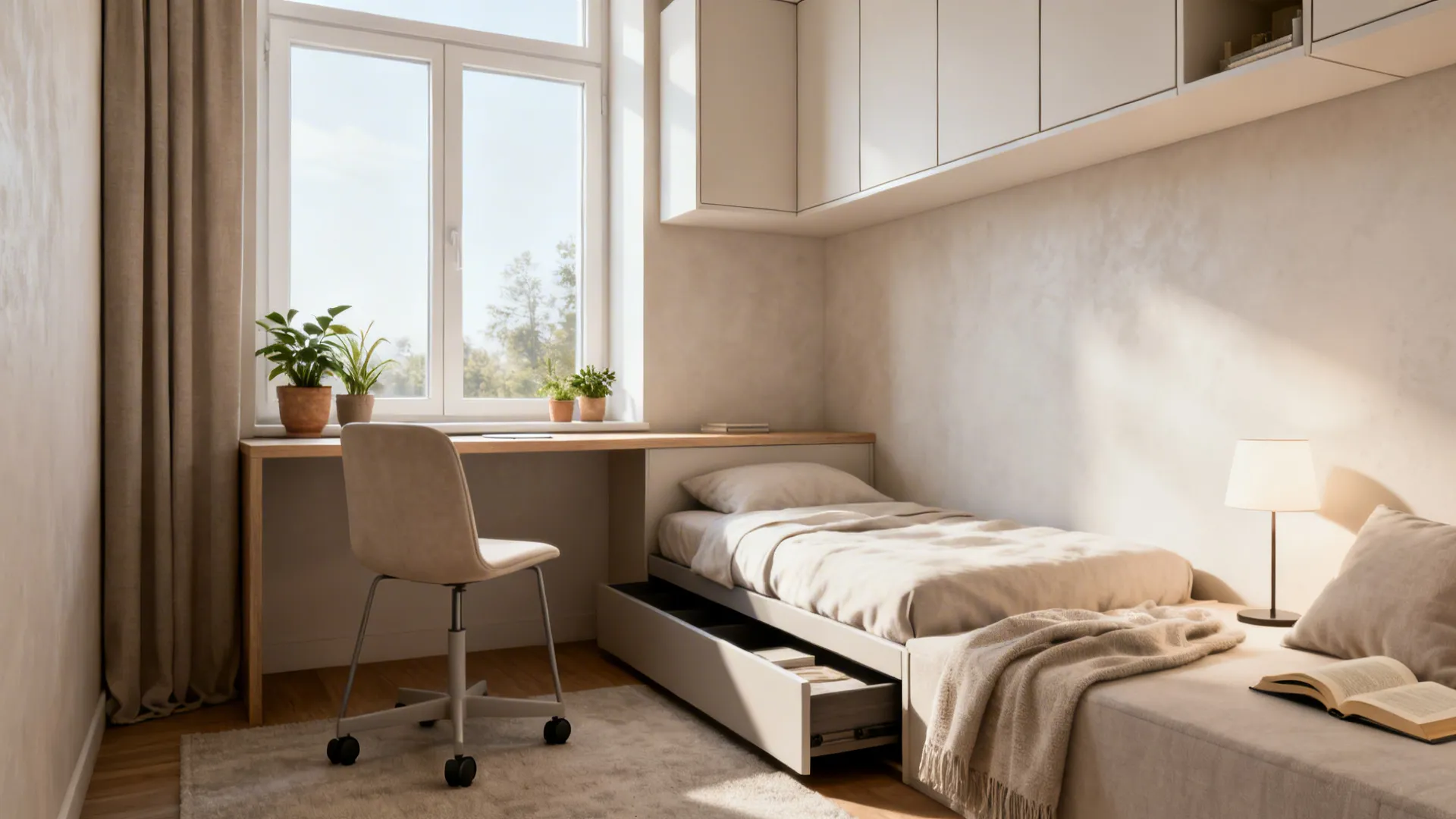 Small bedroom design with single bed, storage drawer, desk by window, and light cream cabinets