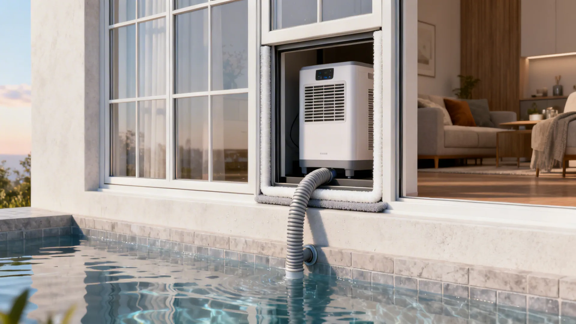Dehumidifier hose routed through a window pass-through sealed with foam gasket to the exterior