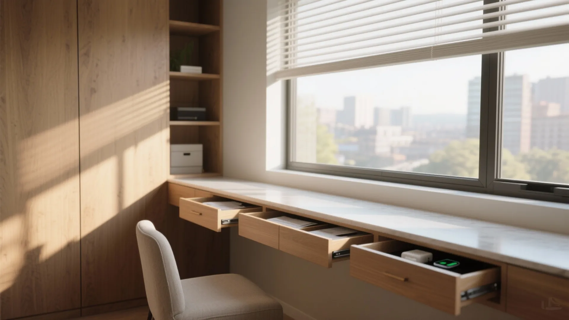Modern home office area featuring a long wooden desk with open drawers under a window