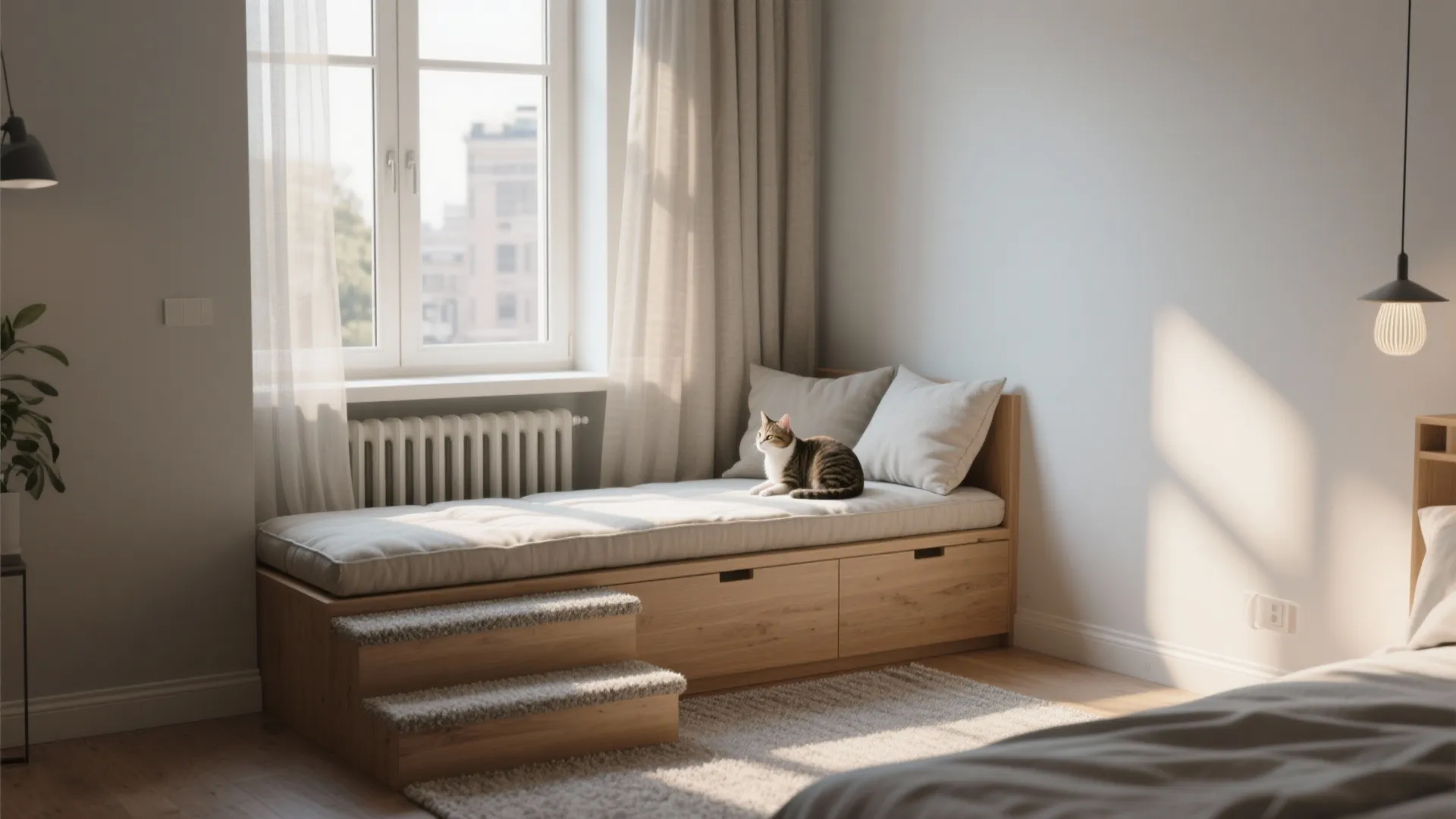 Cat sitting on a wooden window bench with storage drawers beside bright window and curtains