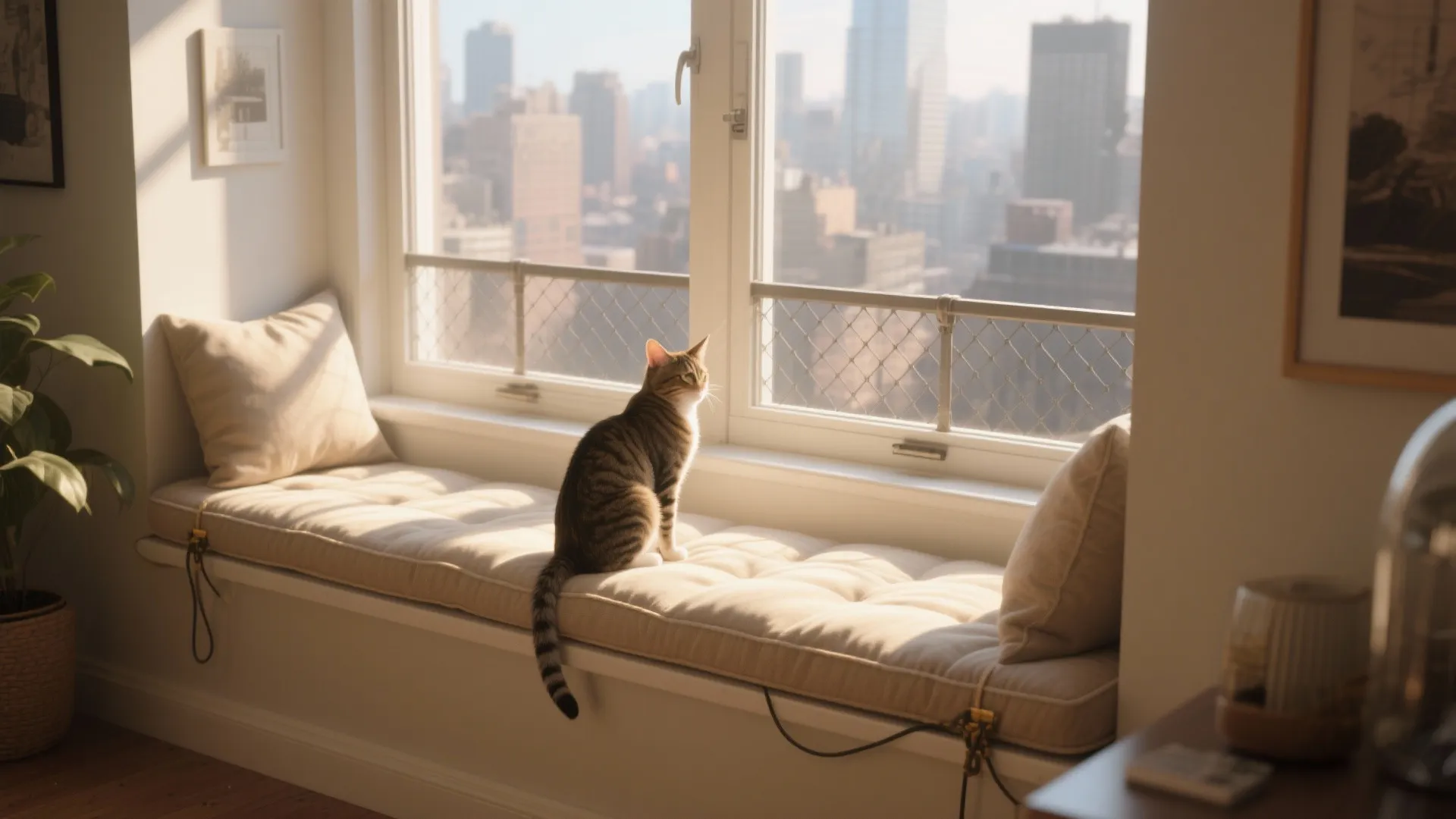 Tabby cat sitting on a comfortable window seat cushion overlooking a sunny urban city view