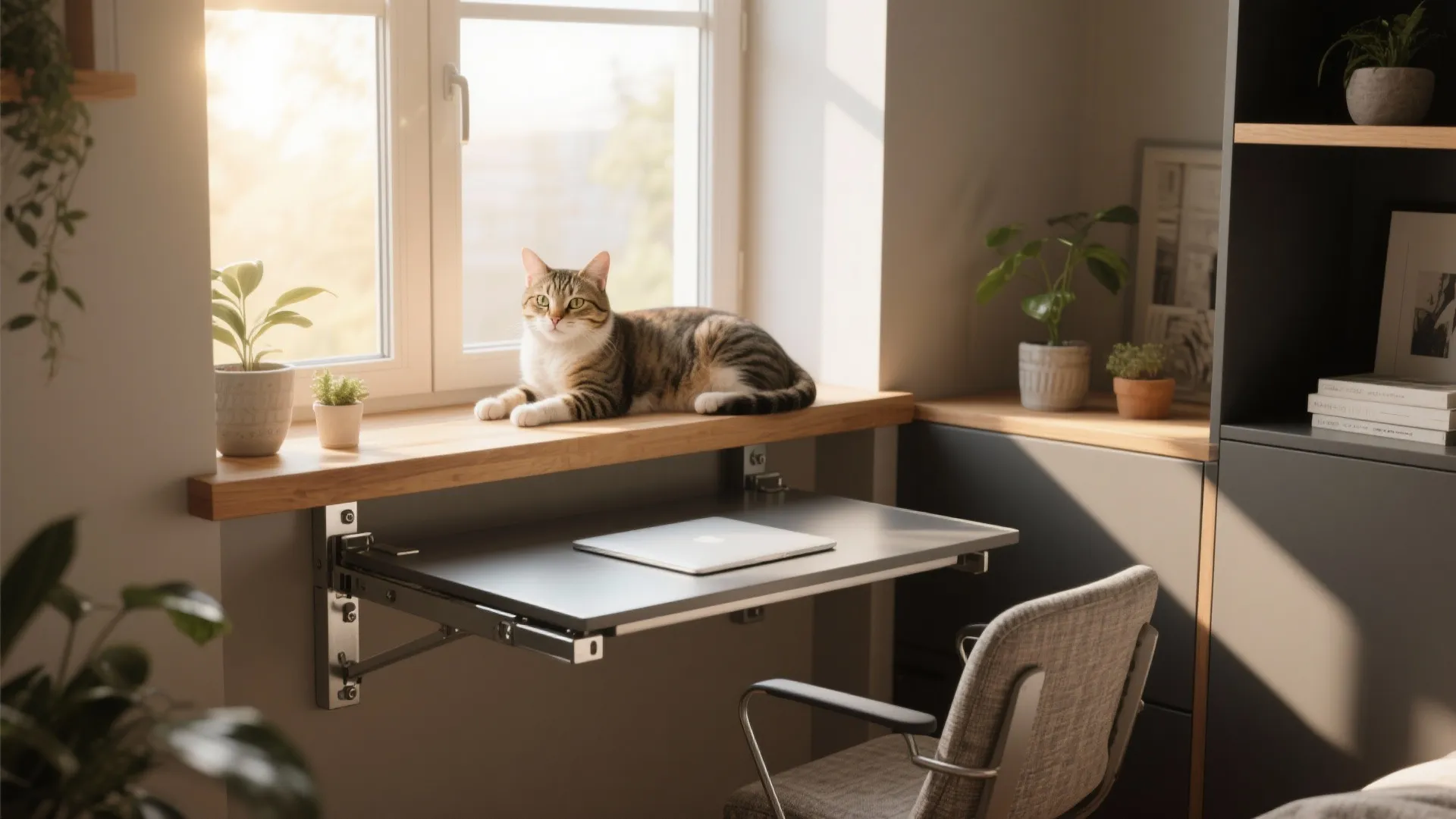 Window perch above a fold-down desk with a cat on the ledge, showing a compact work-and-cat nook in natural light.