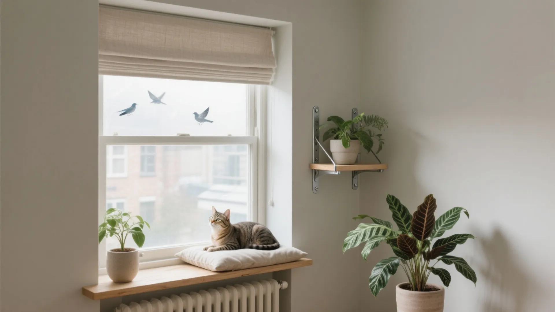 Tabby cat sitting on a soft cushion on a wooden window shelf with green plants