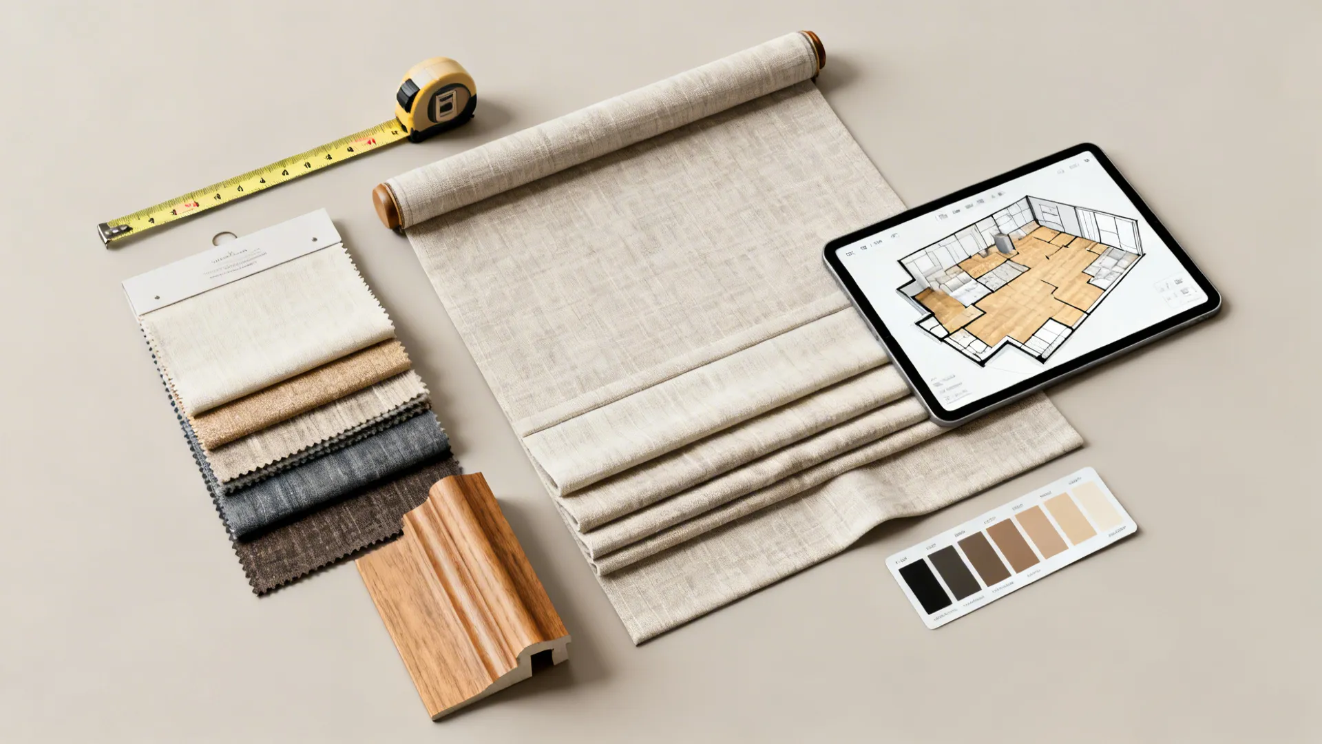 Interior design tools including measuring tape fabric samples wood panel and tablet showing floor plan layout