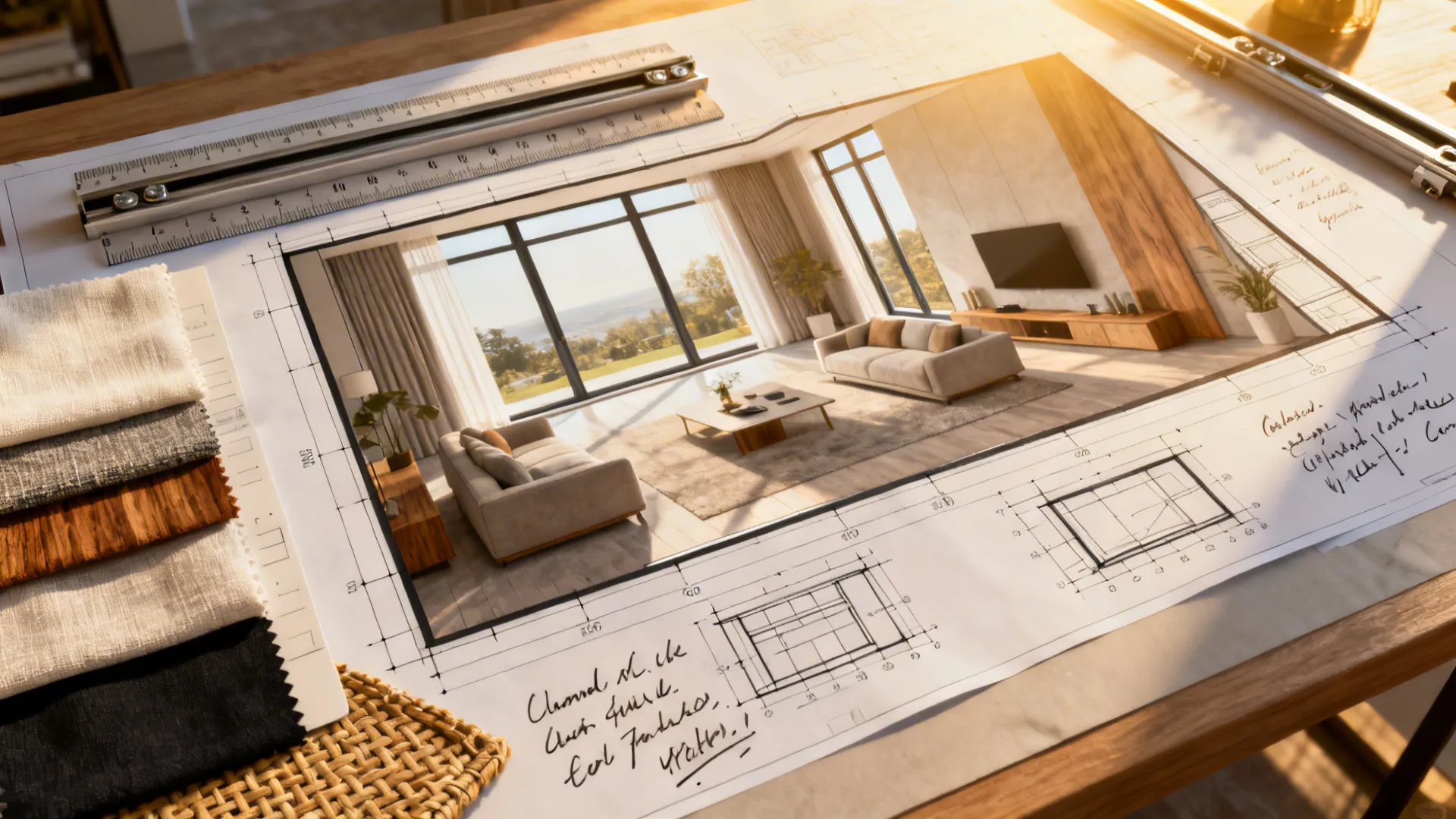 Top-down planner view with swatches and track diagrams for large window treatments