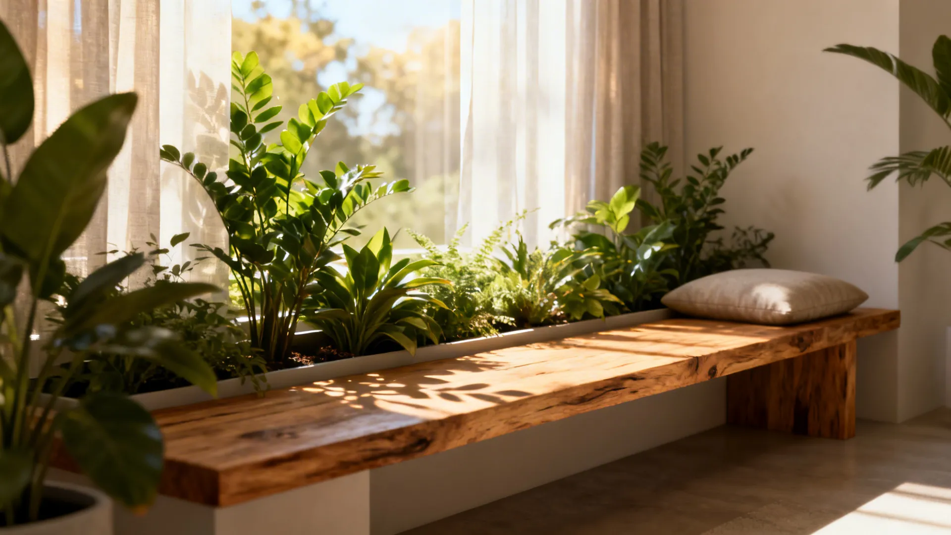 Narrow window bench filled with mixed foliage and low planters, sheer curtains diffusing sunlight.