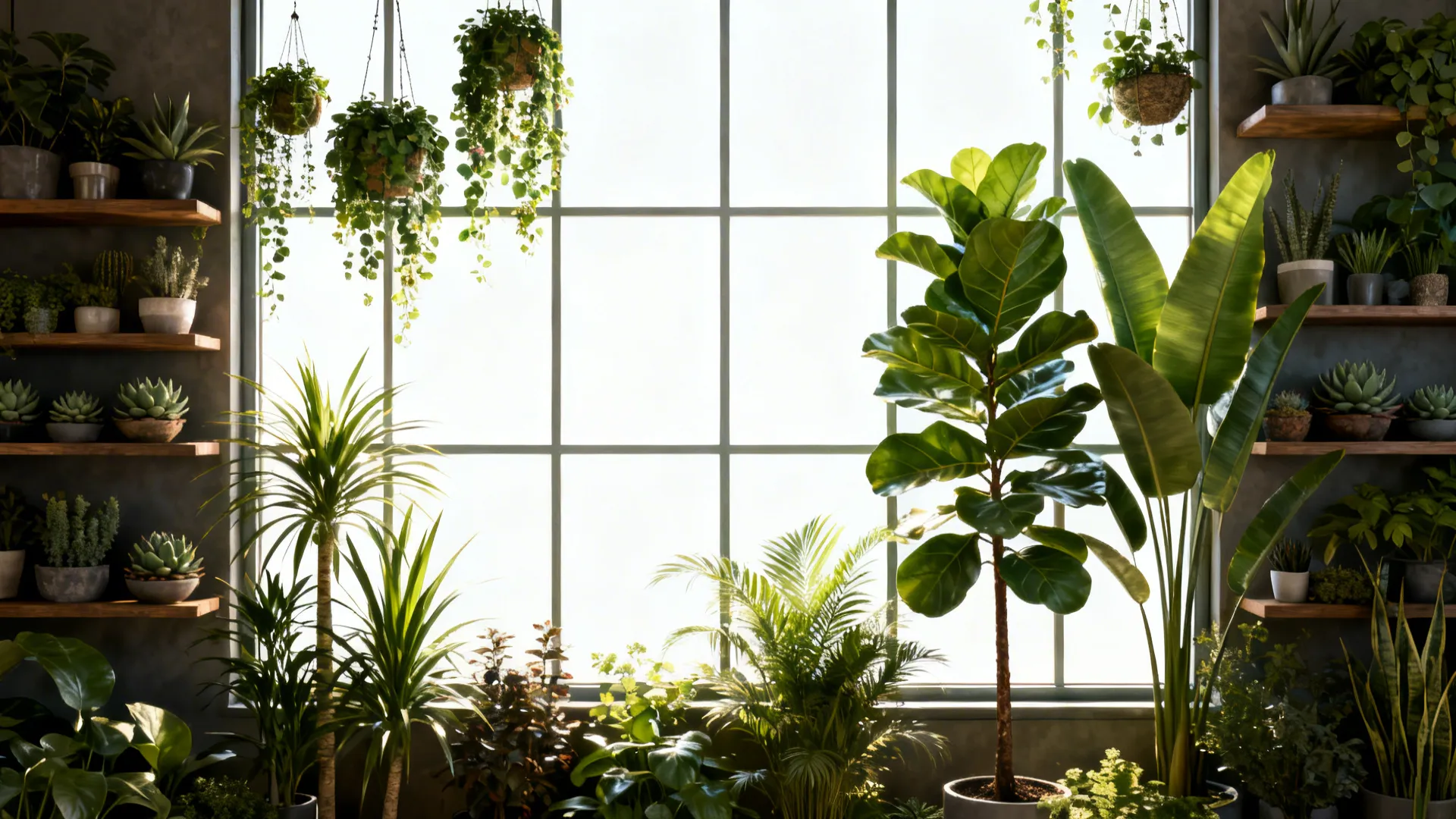 Large window styled as art with subtle mullions and a layered plant display including fiddle-leaf fig and succulents.