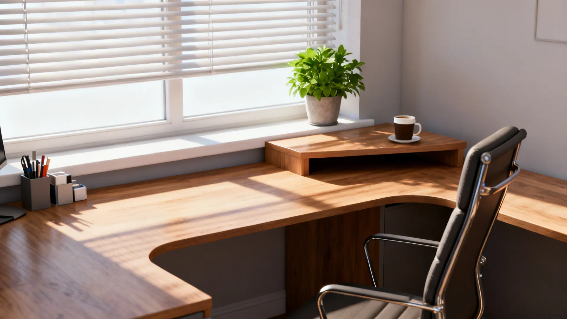 L-shaped desk with one wing facing a window, adjustable blinds, and a small supply area on the return.