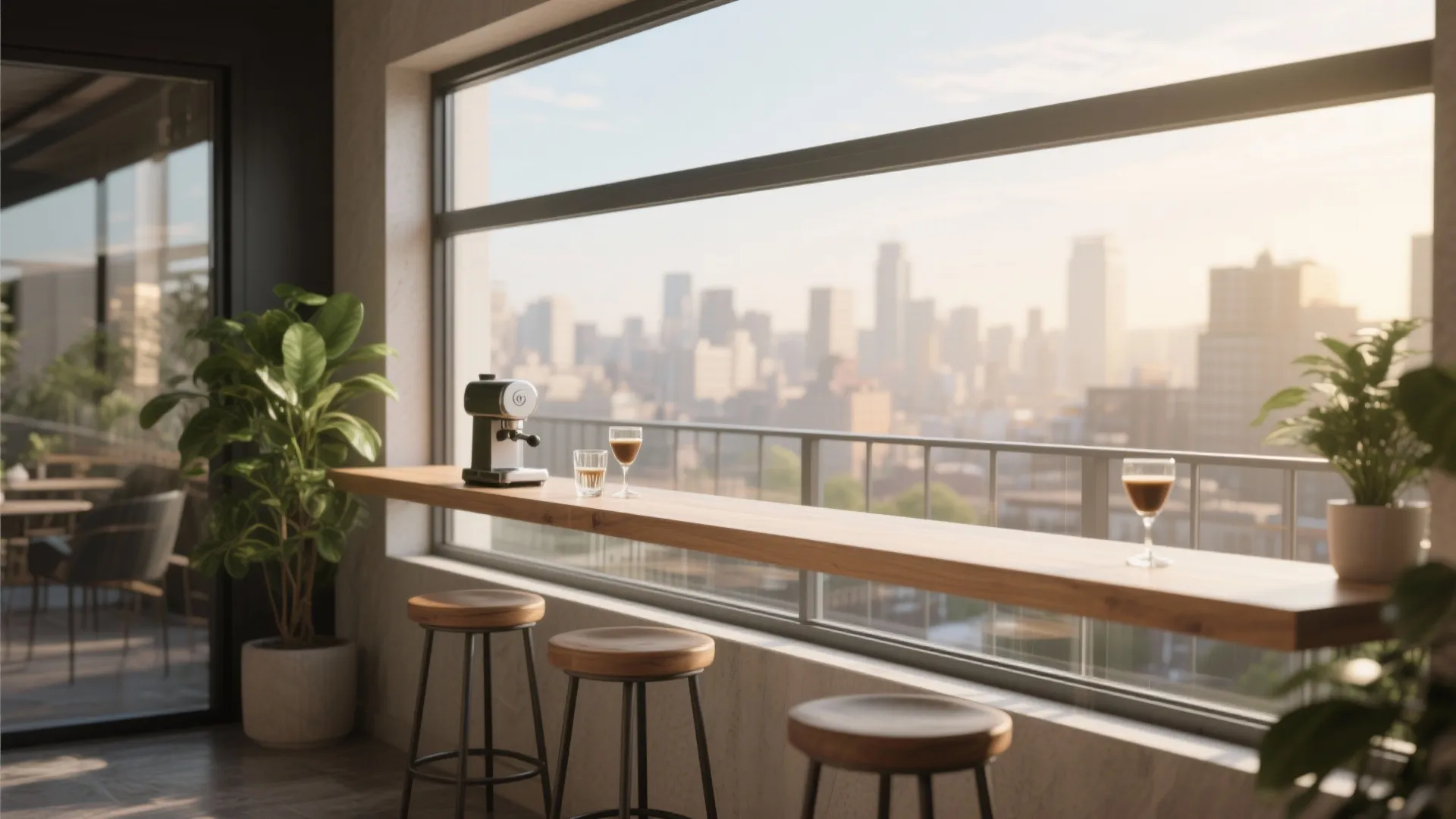 Indoor balcony bar with wood counter three stools coffee maker and view of city buildings