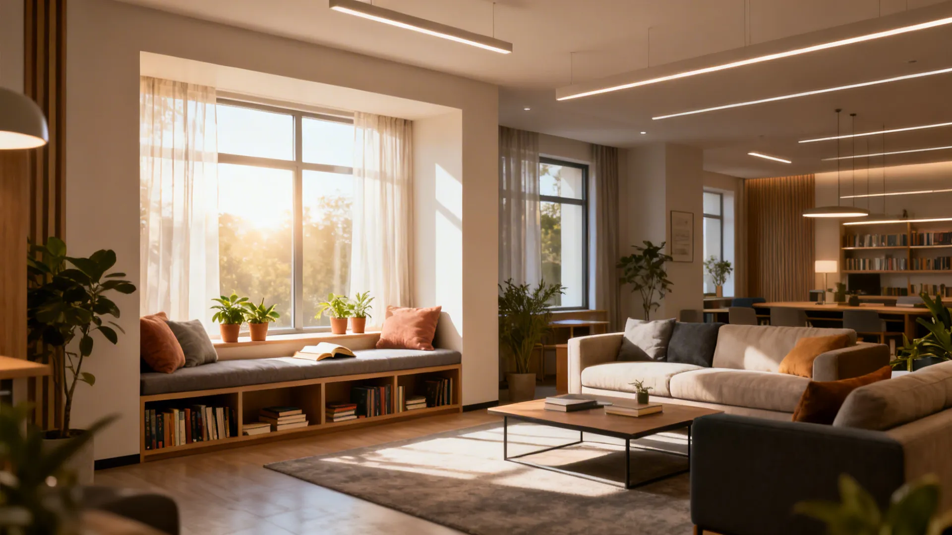 Window-facing reading alcove with built-in bench and a central social seating area in a small living room