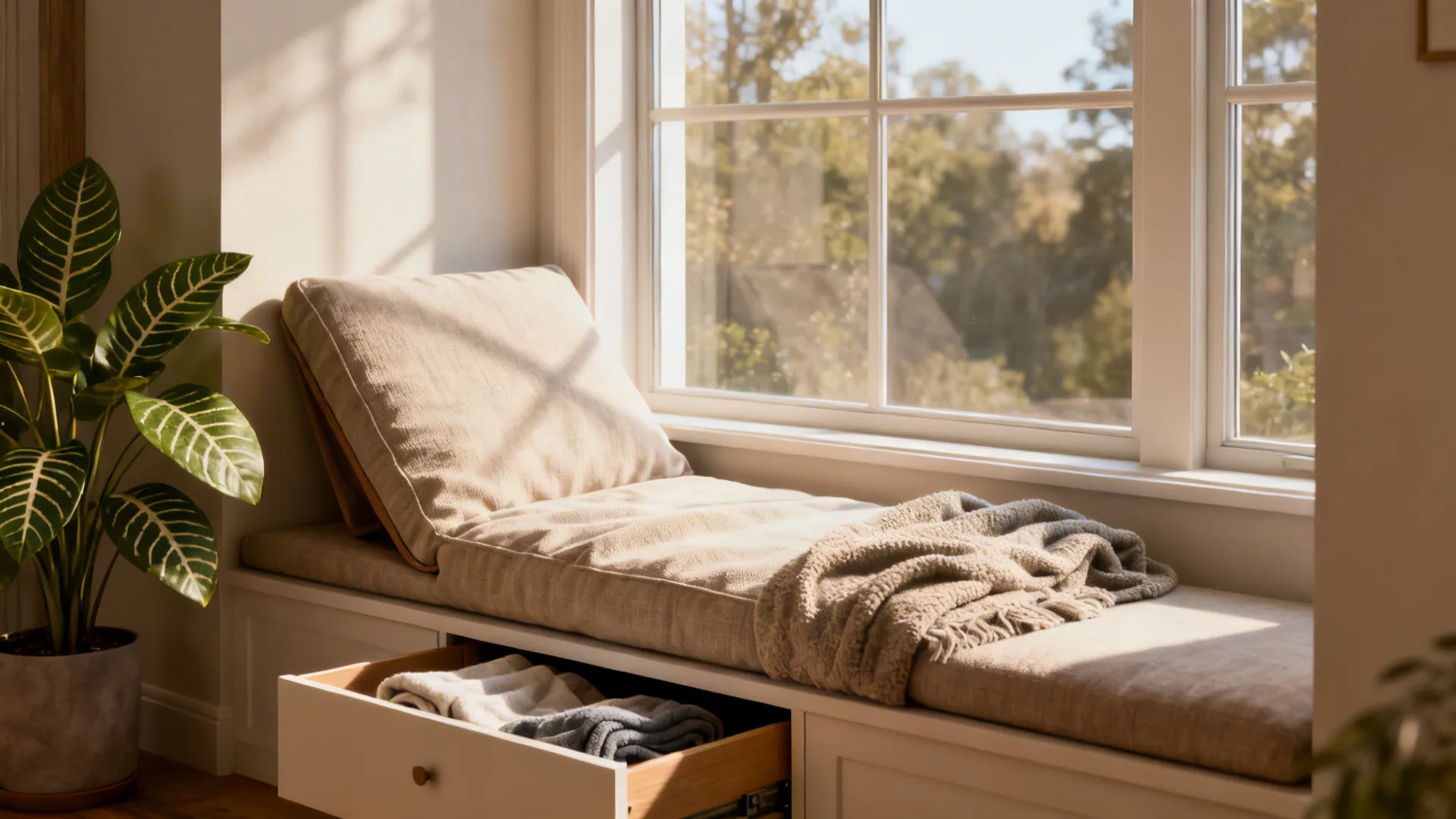 Low-profile chaise by a bright window with a hidden storage drawer and cozy blankets.