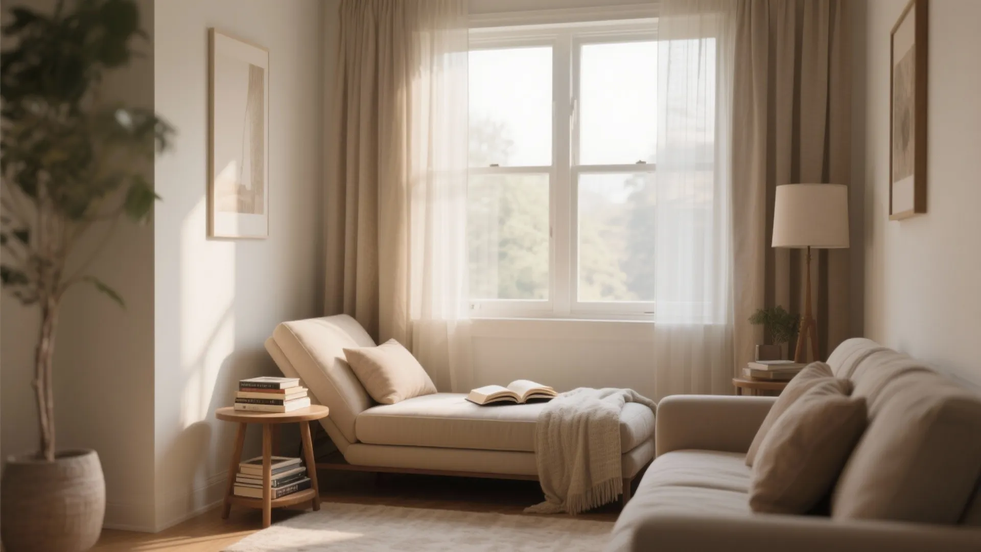 Cozy reading corner with a comfortable sofa by a bright window with thin white curtains