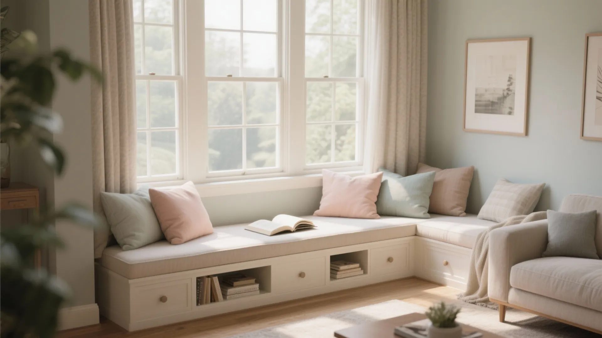 Comfortable window seat with pillows an open book and built-in storage drawers in bright room